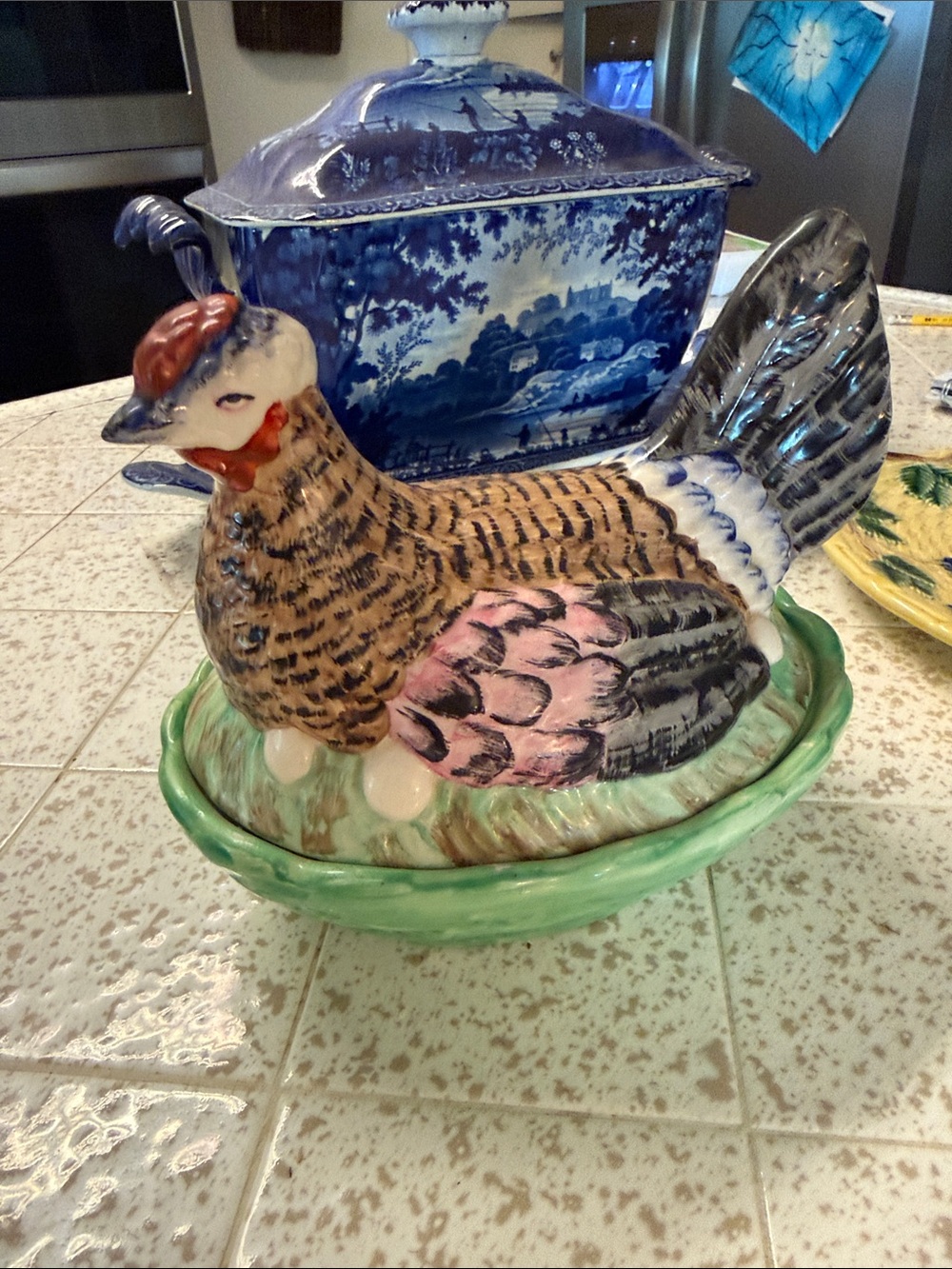 Hand-Painted Ceramic Hen Covered Dish in Green and Pink